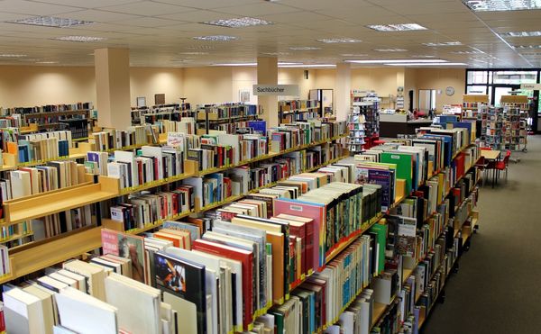 Große Innenansicht der Bücherei mit Reaglreihen