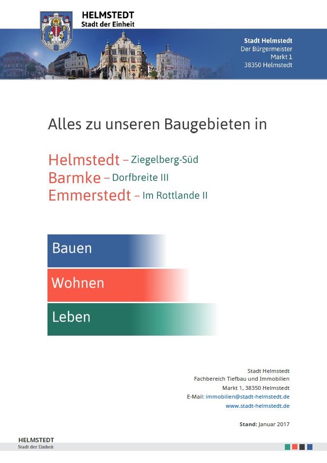 Cover der Broschüre Bauen Wohnen Leben mit Rathaus und Stadtwappen